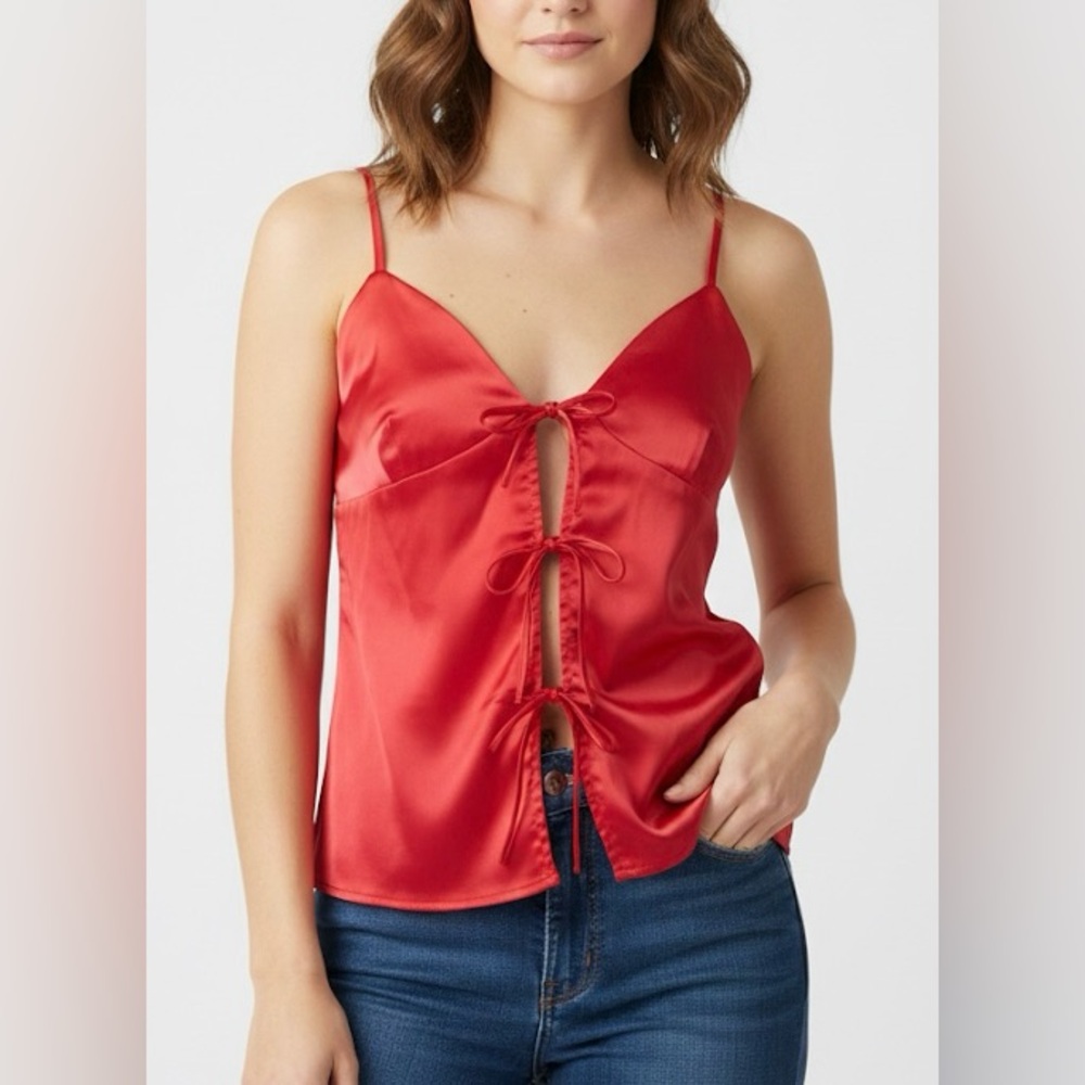 19 Cooper Red Satin Triple Tie-Front Cami Top Sz S NWT